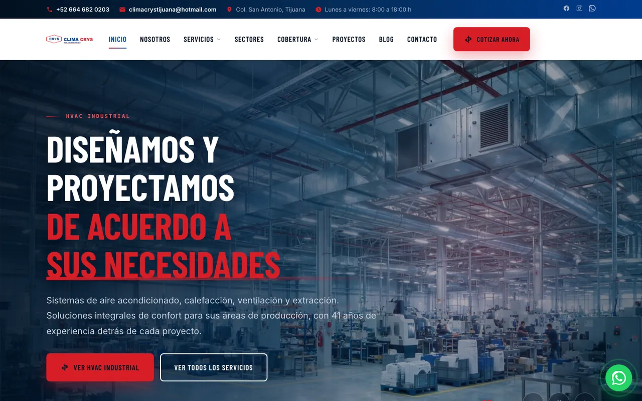 Página web de Clima Crys, diseñada por Equipo Gurú